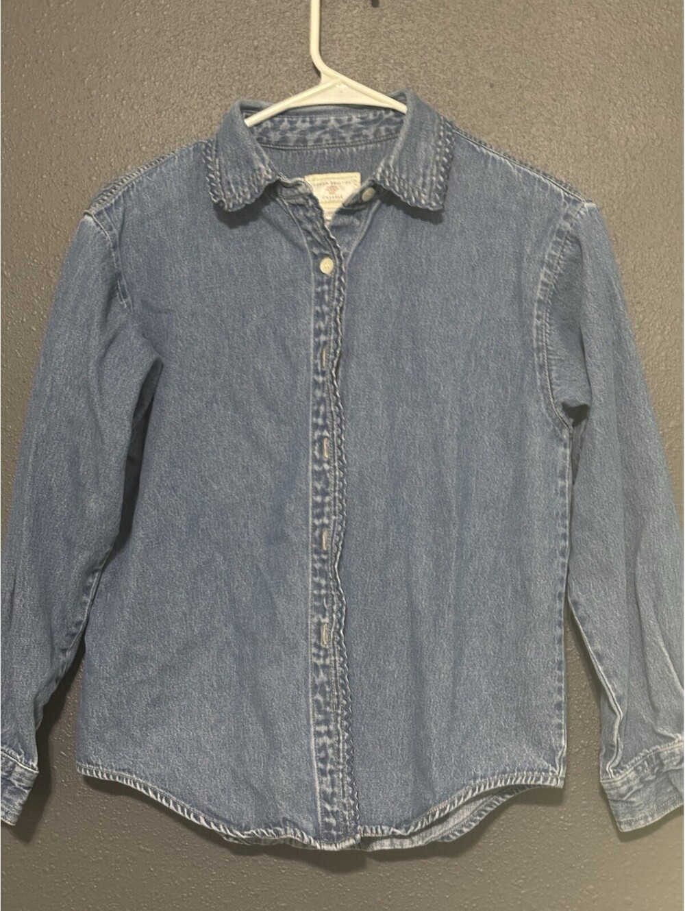 Susan Bristol Denim Shirt PP Poofy Shoulders Scalloped Edge EUC